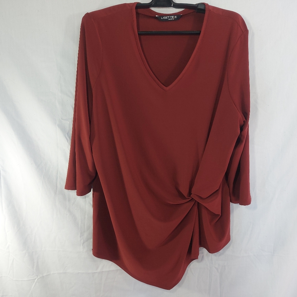 Lisette L V-Neck Twist Knot Long Sleeve Tunic Shirt Top, XL